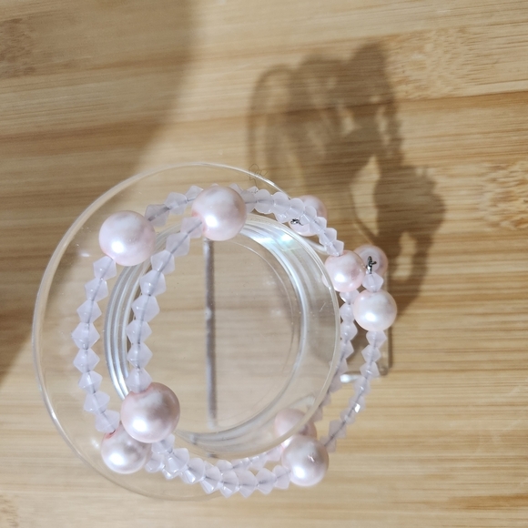 Hand Crafted Faux Pearl and Crystal Bracelet Pink Memory Wire Wrap Bead Charms - Picture 7 of 7